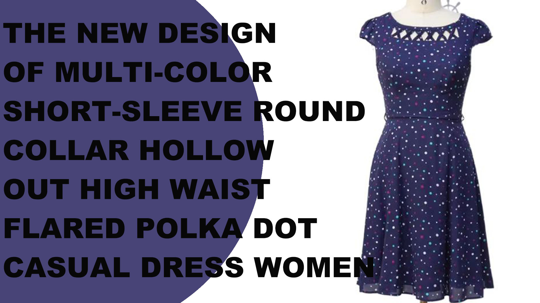 O novo design de multi-cor de manga curta gola redonda oca cintura alta queimado polka dot vestido casual feminino