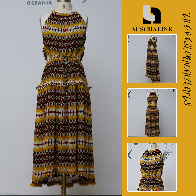 Եվրոպական և ամերիկյան նորաձևության կանացի նորաձև գծավոր պրինտով բարձր իրանով կլոր օձիքով անթև կիսաշրջազգեստ-Auschalink