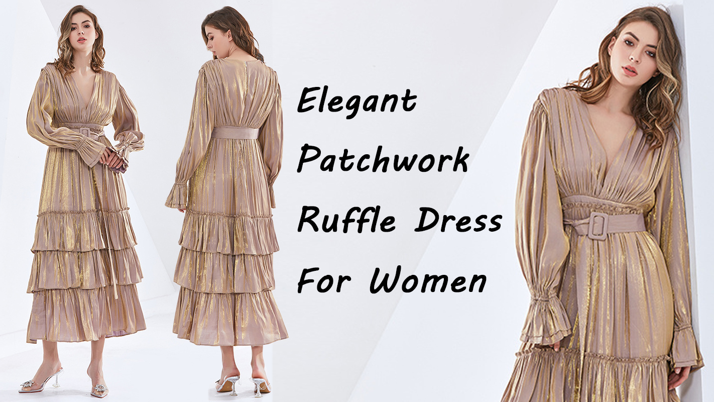 የሚያምር Patchwork Ruffle Dress ለሴቶች V አንገት ረጅም እጅጌ ባለከፍተኛ የወገብ ሳሽ ሚዲ ቀሚሶች የሴት ፋሽን አዲስ 2022