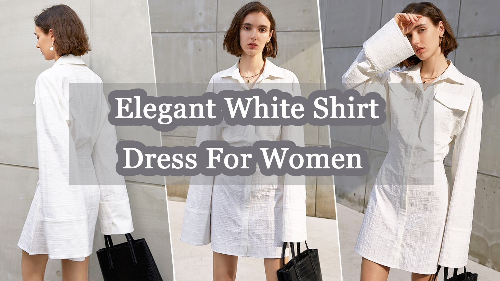 Gaun Kemeja Putih untuk Wanita Gaun Kancing Sebaris Pinggang Berkumpul Lengan Flare Panjang Kerah Pakaian Wanita