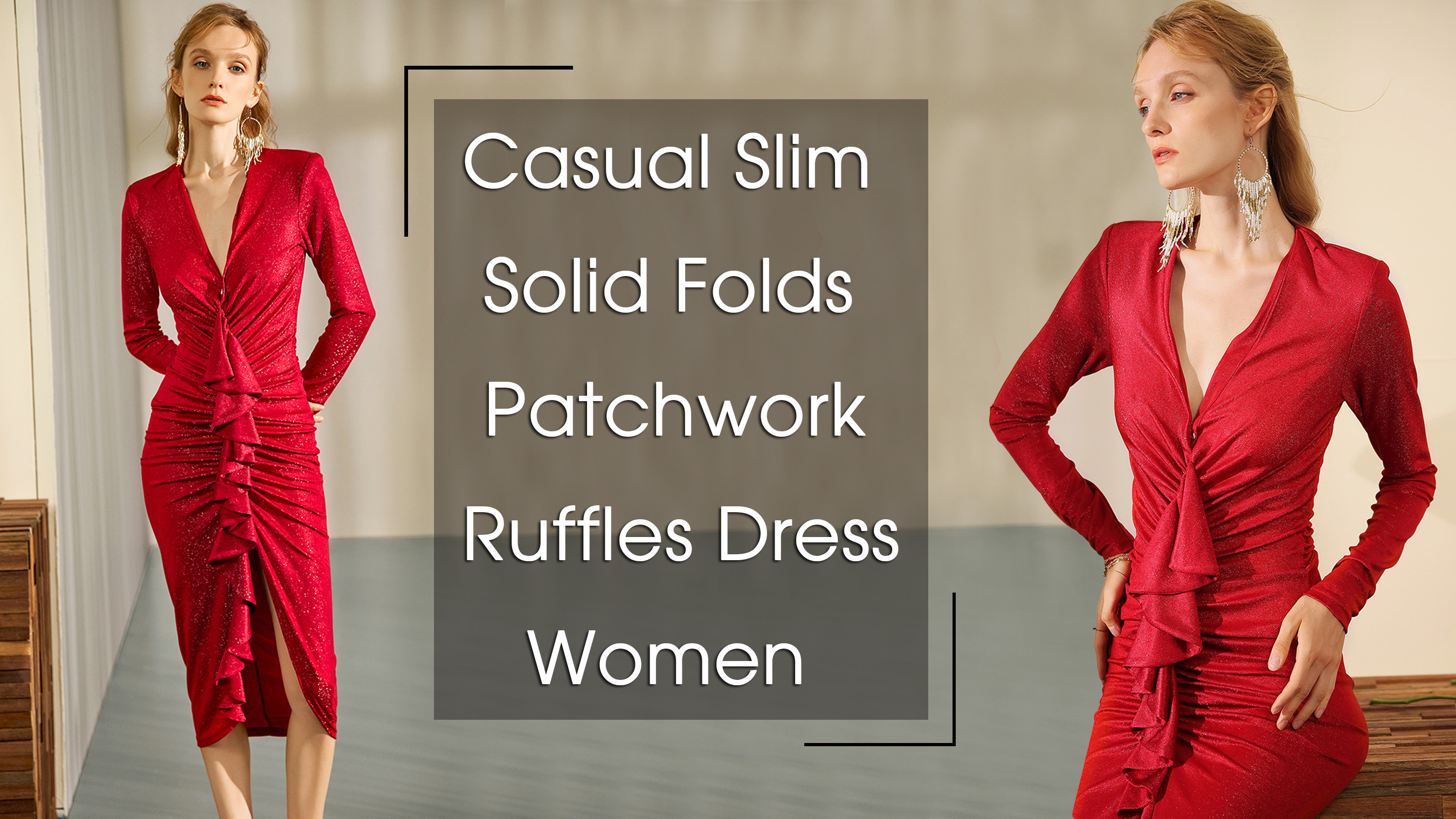 Rahat katı kıvrımlar Patchwork Ruffles elbise kadın moda sonbahar 2022 yeni V boyun uzun kollu elbiseler kadınlar için