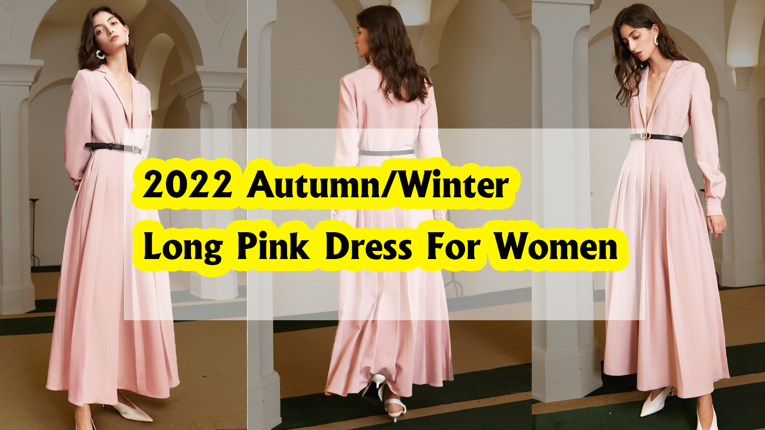 French V-Neck Retro Long Elegant Women Dress Pink