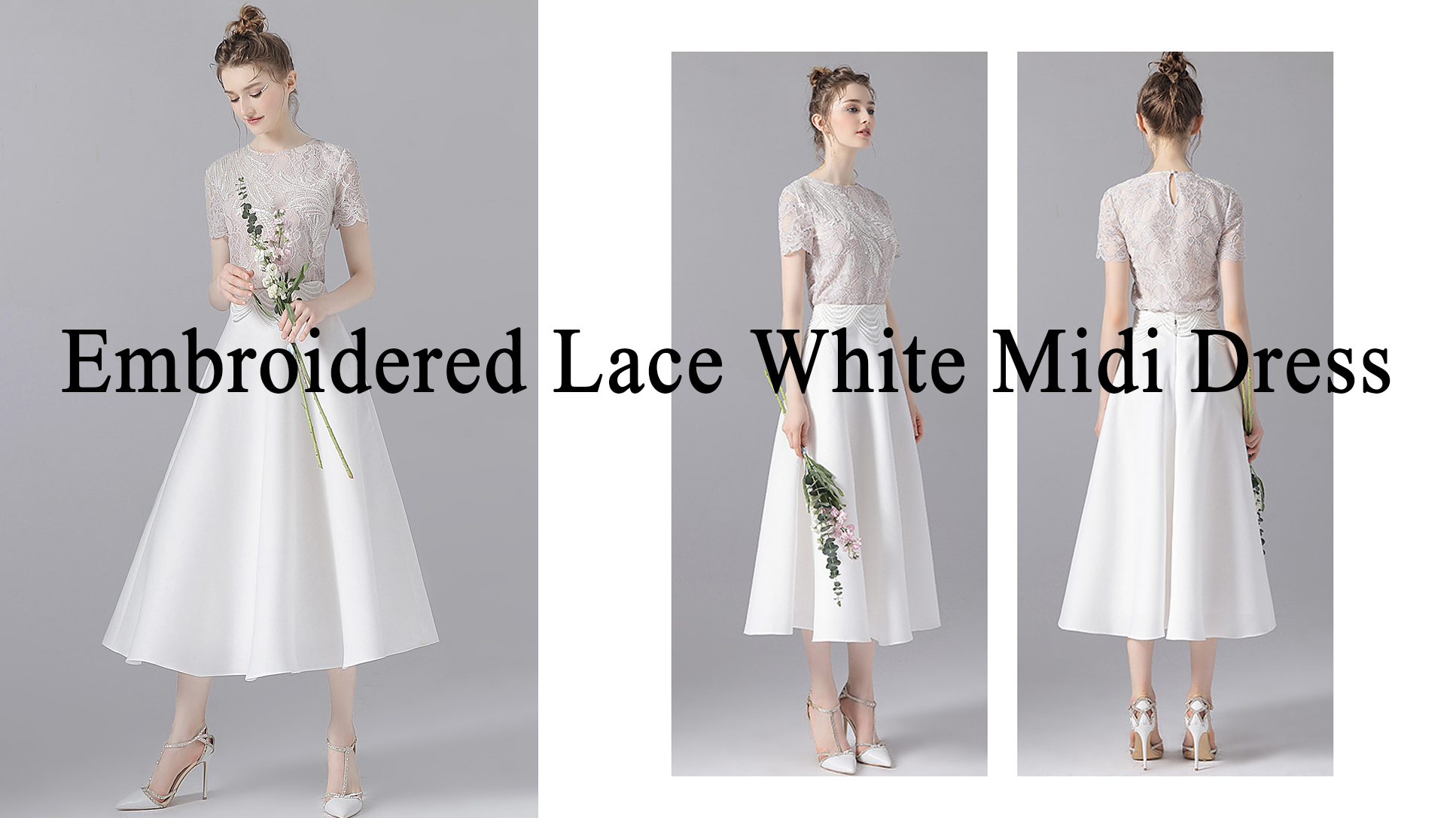 Продукти за бяла миди рокля с бродирана дантела |Аушалинк