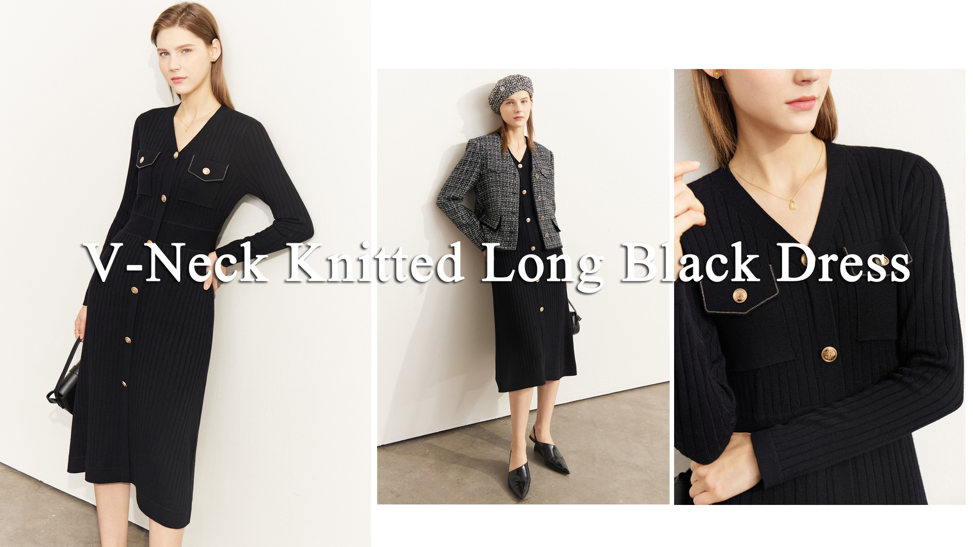 Прилагодени производители на долги црни фустани со плетен V-врат од Кина |Аушалинк