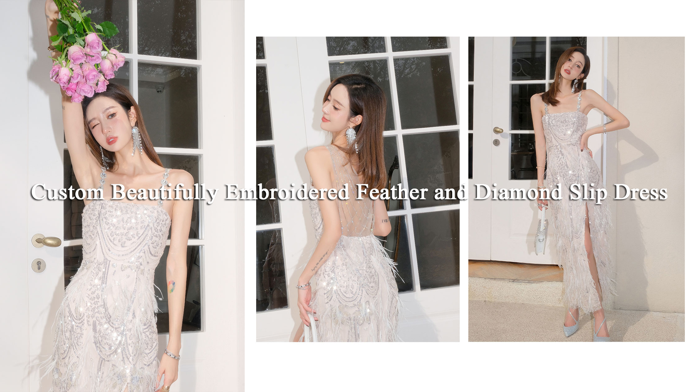 Vlastné krásne vyšívané pierko a diamantové slipové šaty Dodávateľ a výrobcovia |Auschalink