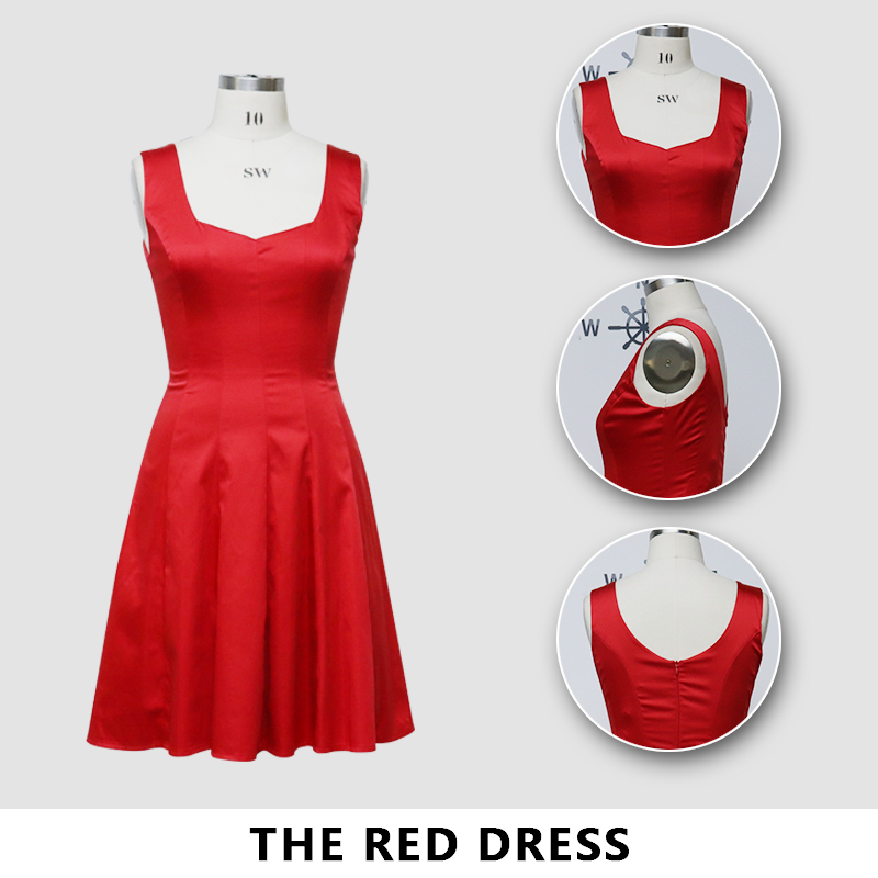 فستان أحمر صغير فستان صيفي نسائي بخصر تنحيف بدون أكمام فستان بحزام