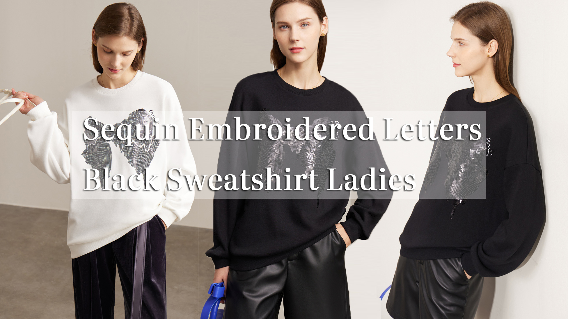 Quality Sequin Embroidered Letters Black Sweatshirt Ladies Manufacturer |Auschalink