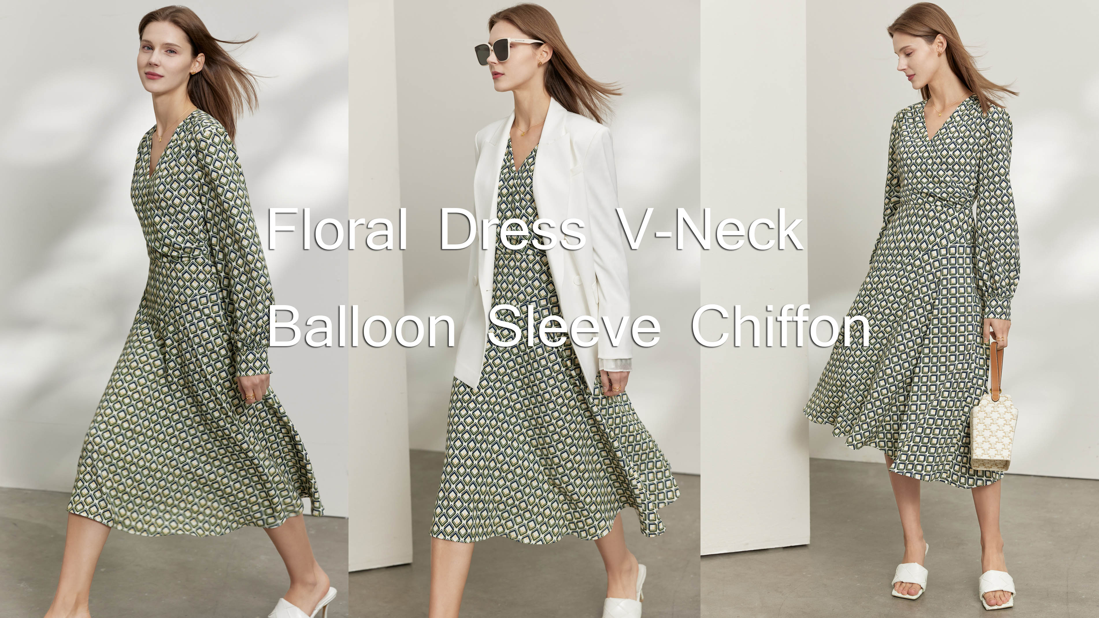 गुणस्तरीय फ्लोरल ड्रेस V-नेक बेलुन स्लिभ शिफन निर्माता |Auschallink