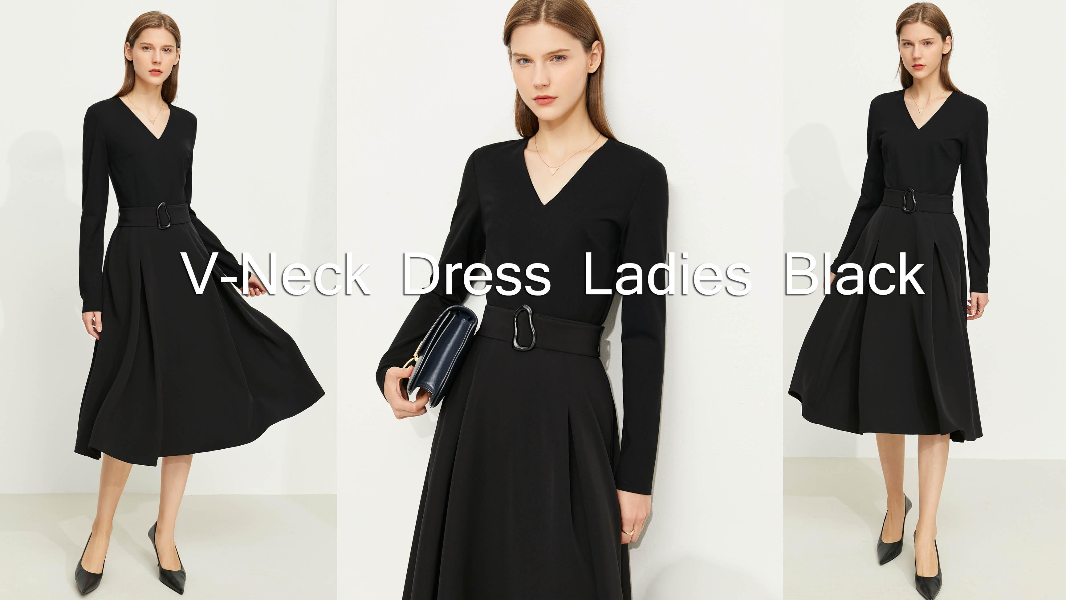 שמלת צווארון V איכותית נשים שחורה יצרן |אושלינק