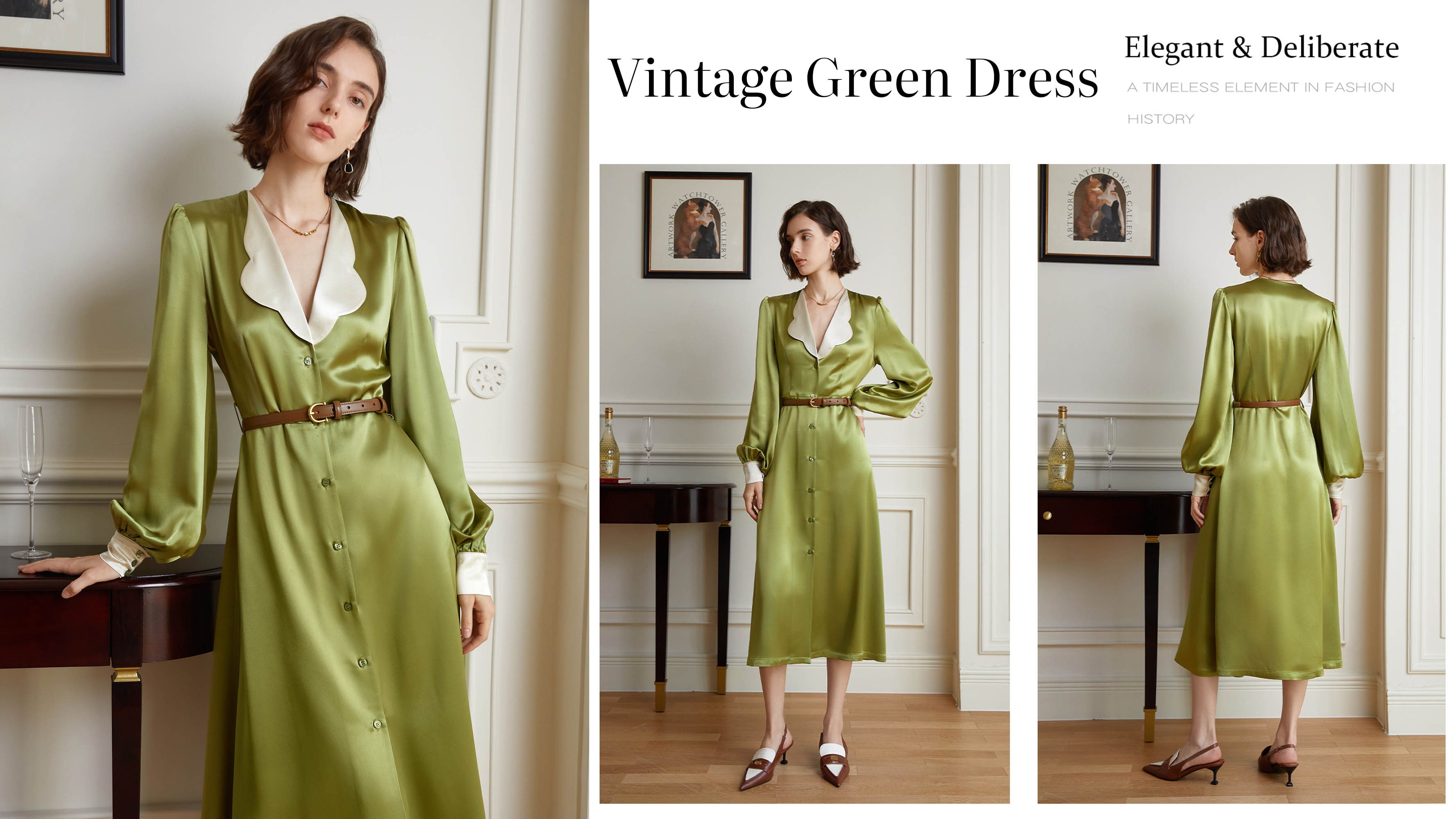 Kvalitní vintage šaty dámské zelené s výstřihem do V |Auschalink