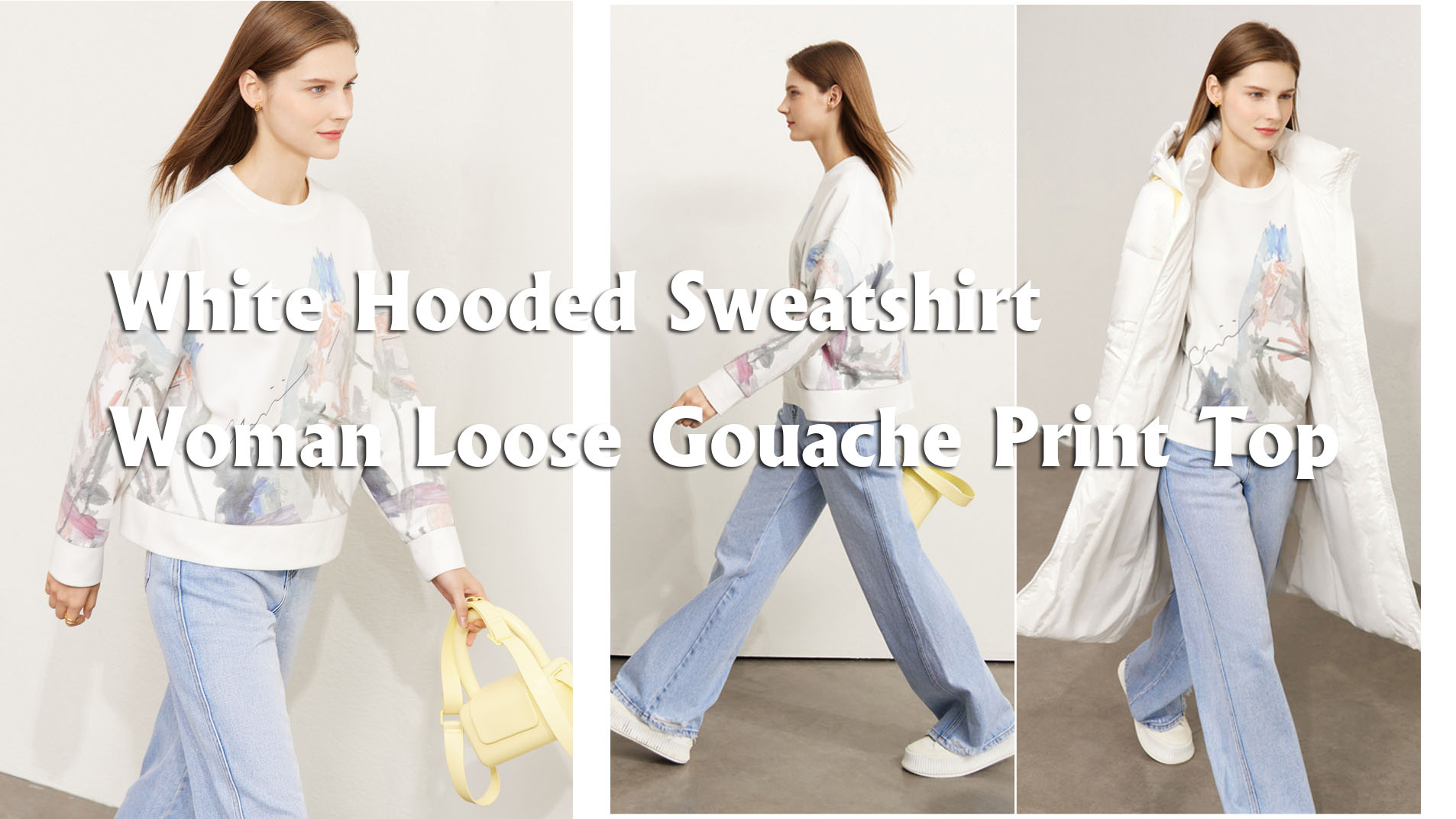 Kvalitatīvs sieviešu sporta krekls ar baltu kapuci, vaļīgs guaša drukas tops Ražotājs |Aušalinka