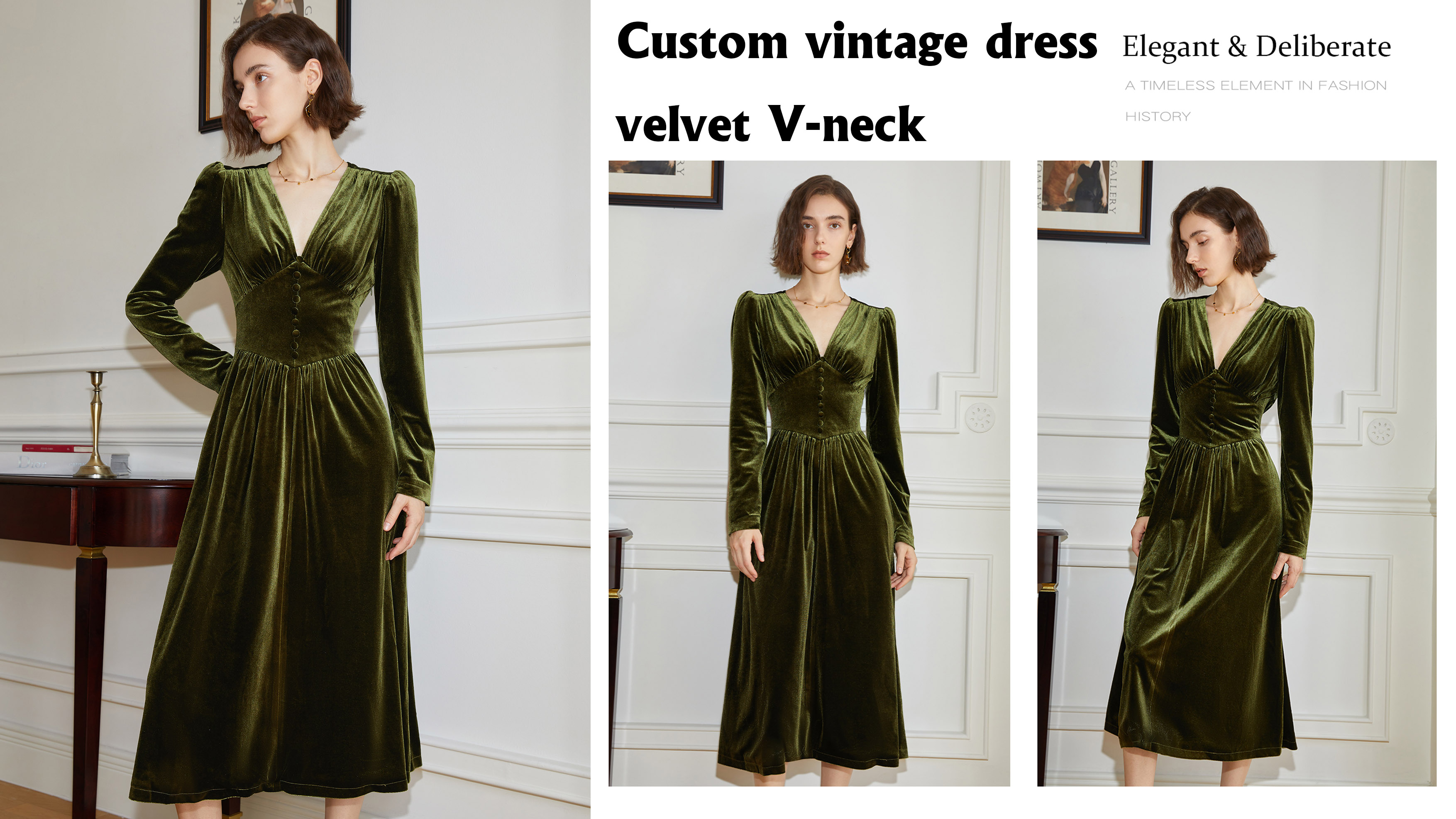 Hochwertiges kundenspezifisches Vintage-Kleid aus Samt mit V-Ausschnitt Hersteller |Auschalink