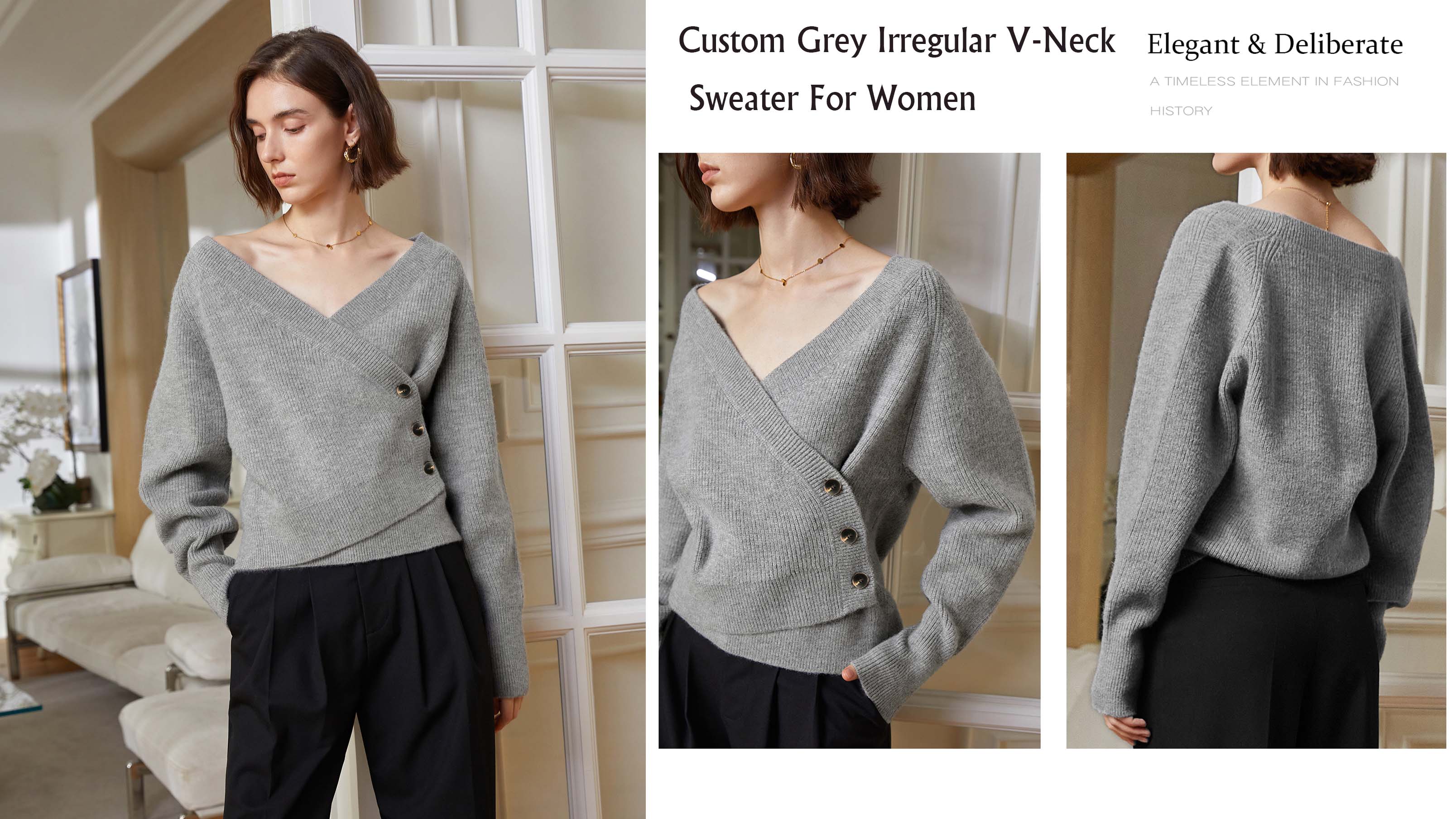 Maßgeschneiderter grauer unregelmäßiger V-Ausschnitt-Pullover für Damen