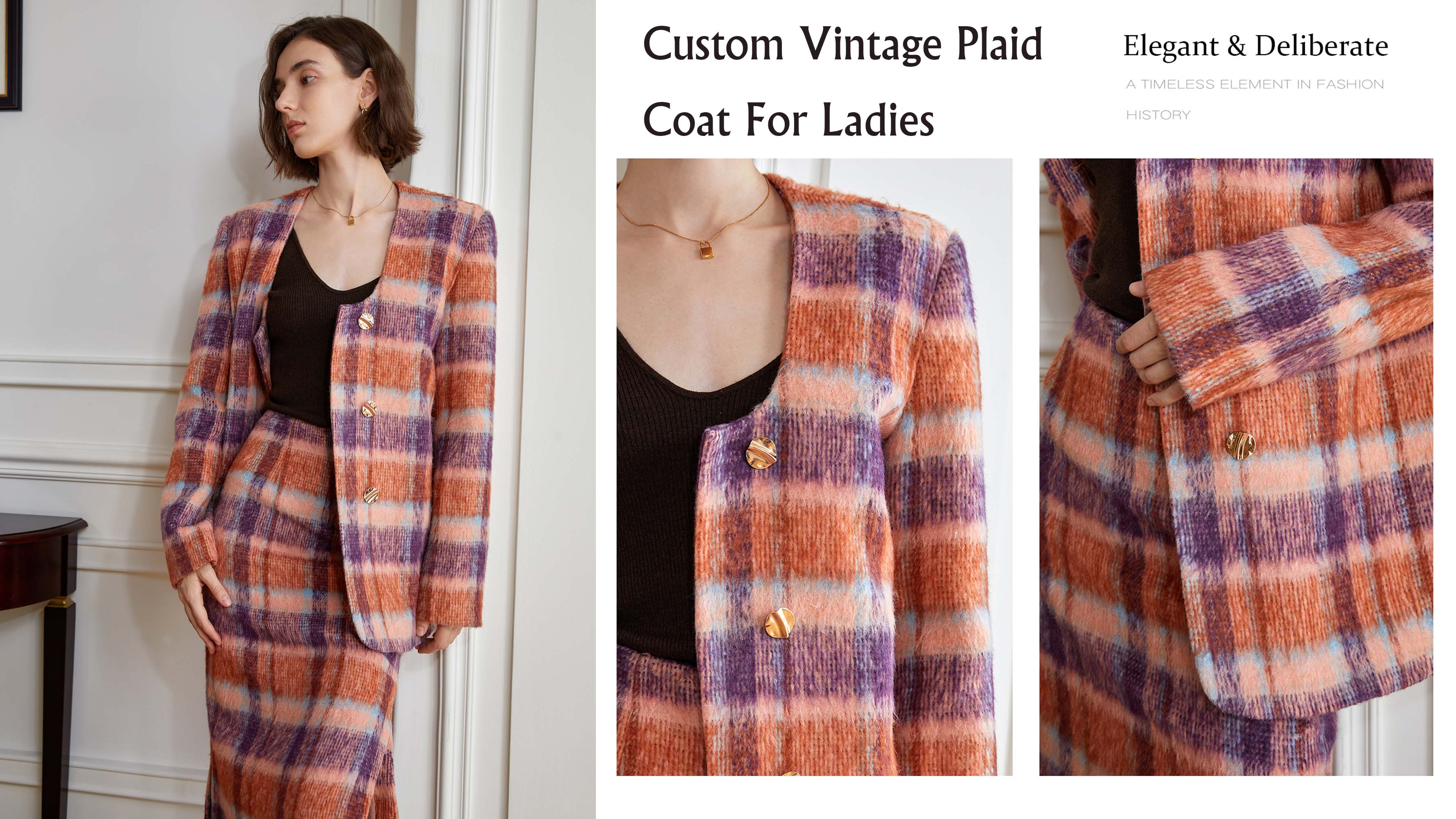Kev cai Vintage Plaid Coat Rau Cov Poj Niam