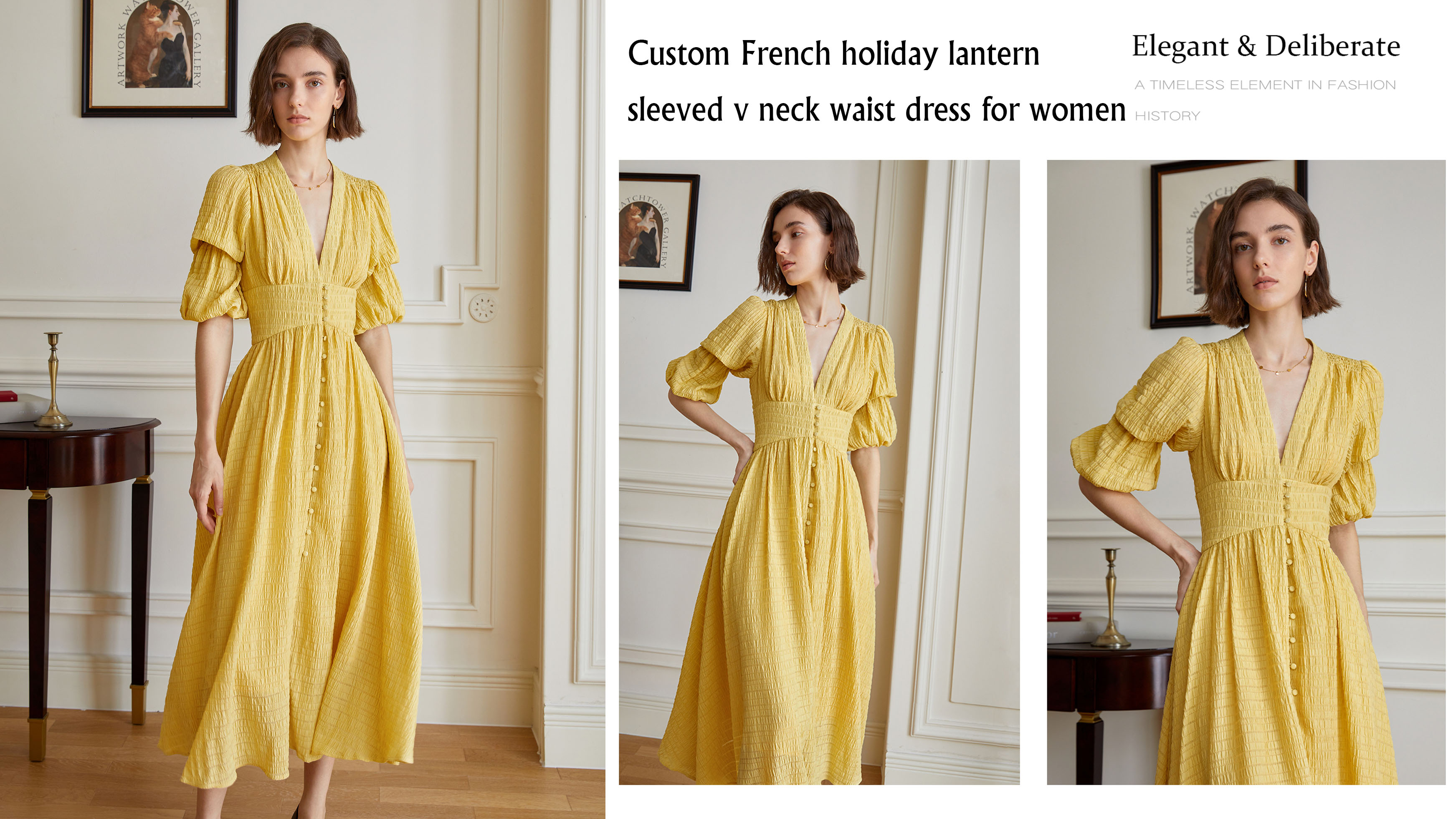 Προσαρμοσμένο γαλλικό γιορτινό φόρεμα με μανίκια με λαιμό και μέση για γυναίκες