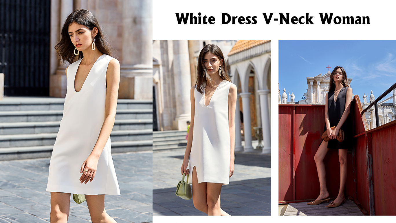 Най-добра бяла рокля за жени с V-образно деколте – Auschalink