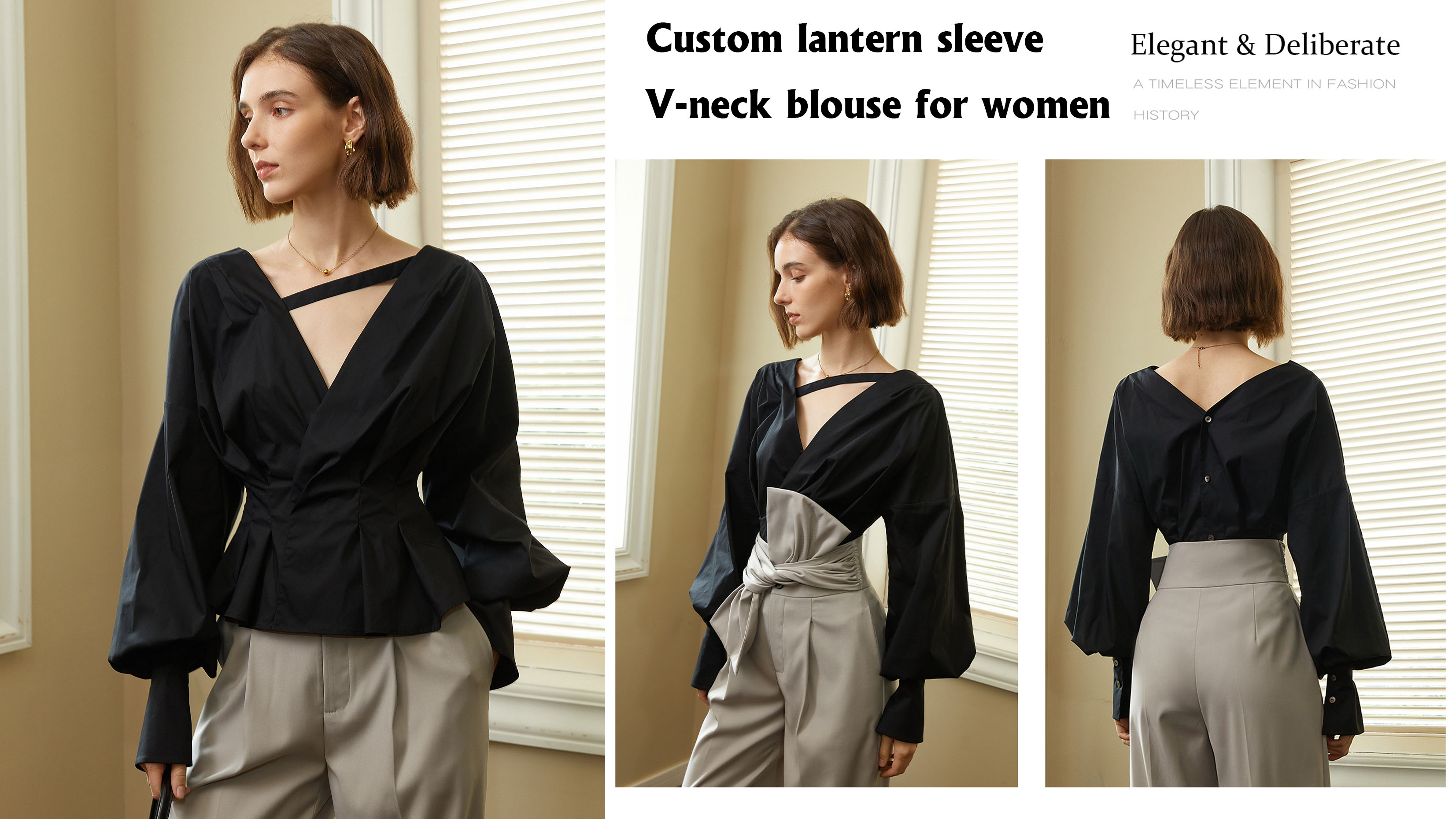Custom na lantern sleeve V-neck blouse para sa mga babae