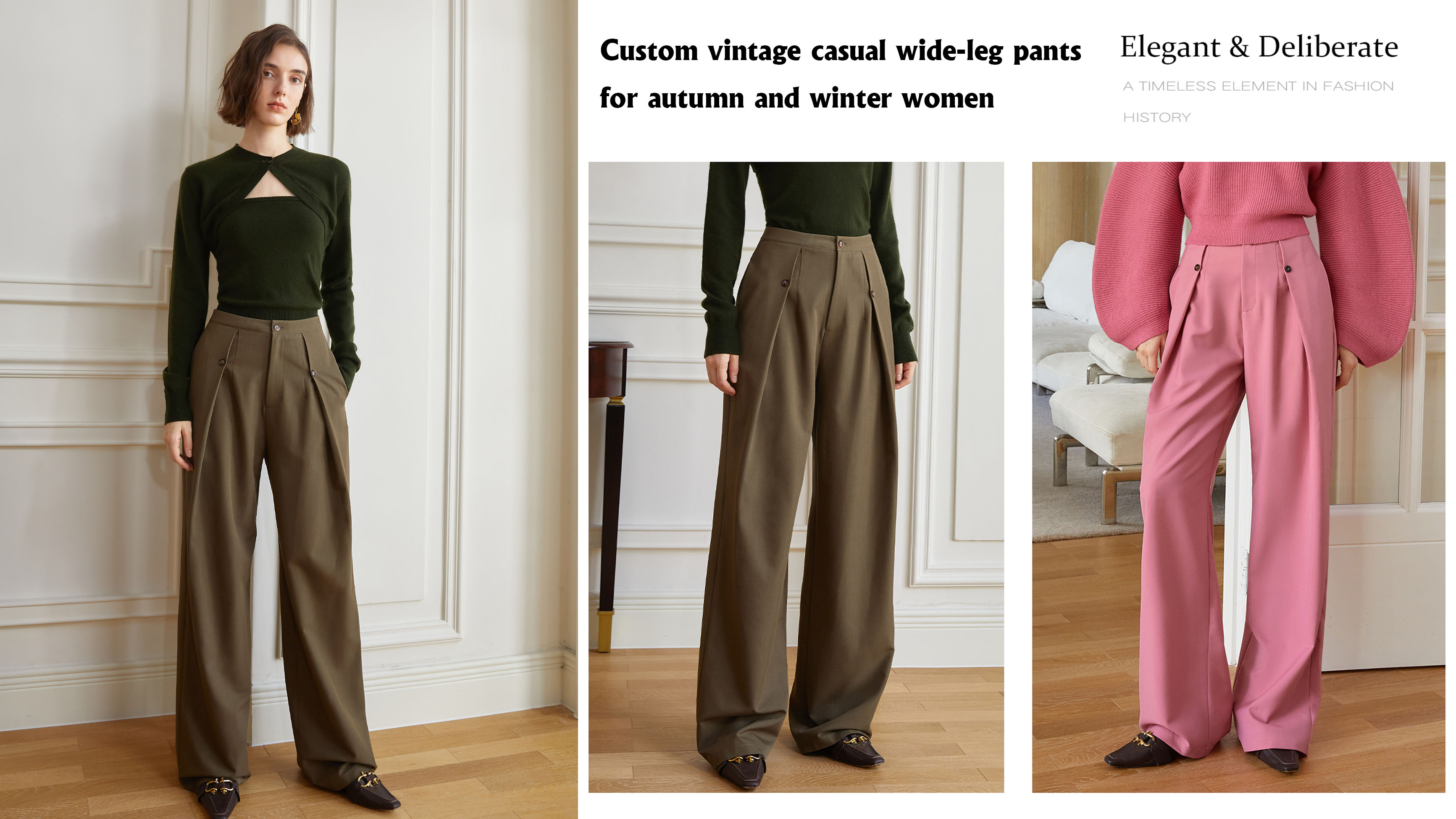 Tailored Vintage Casual Wide Leg Trousers Rau Cov Poj Niam