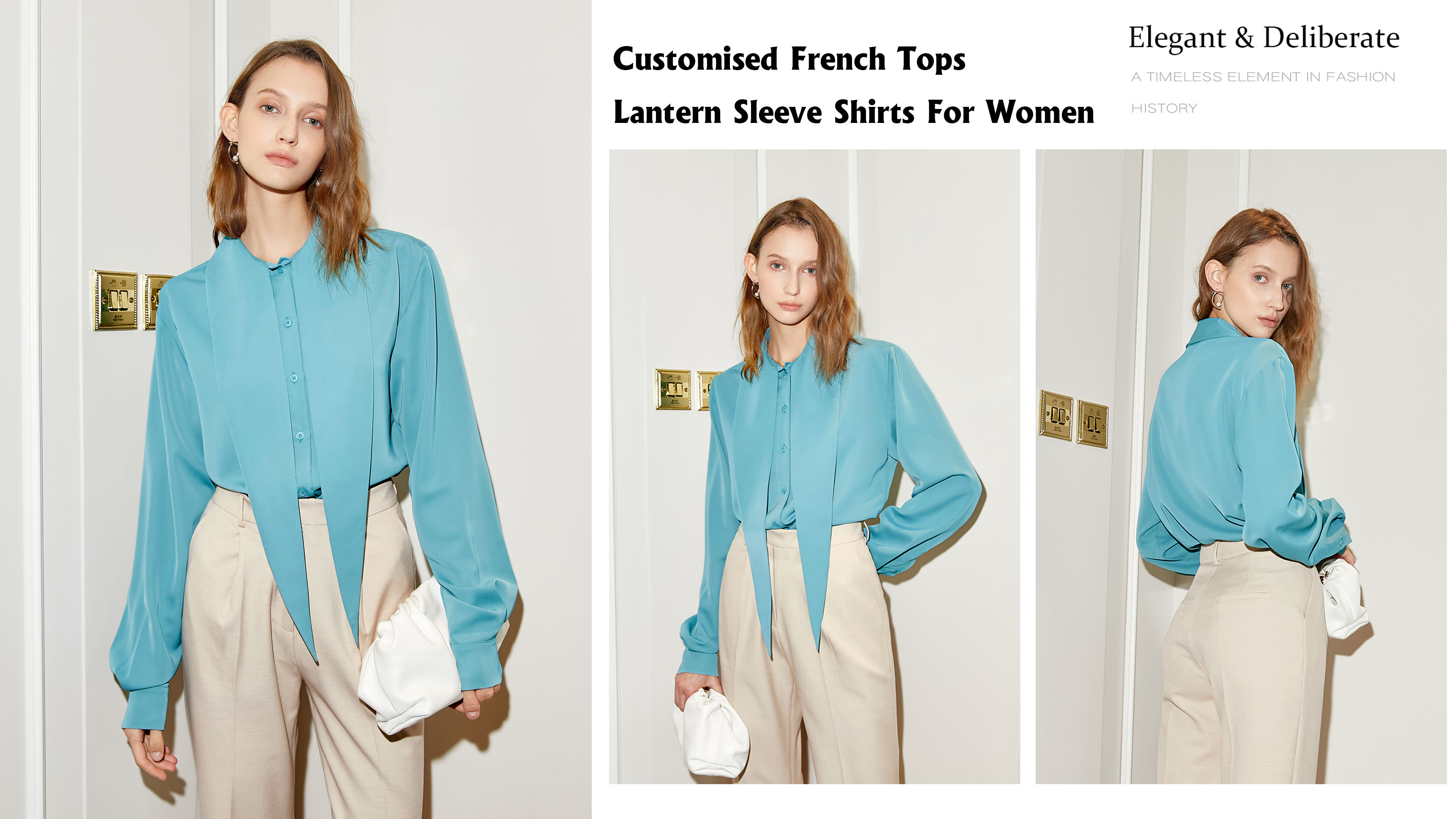 Camisas francesas personalizadas da luva da lanterna das partes superiores para mulheres