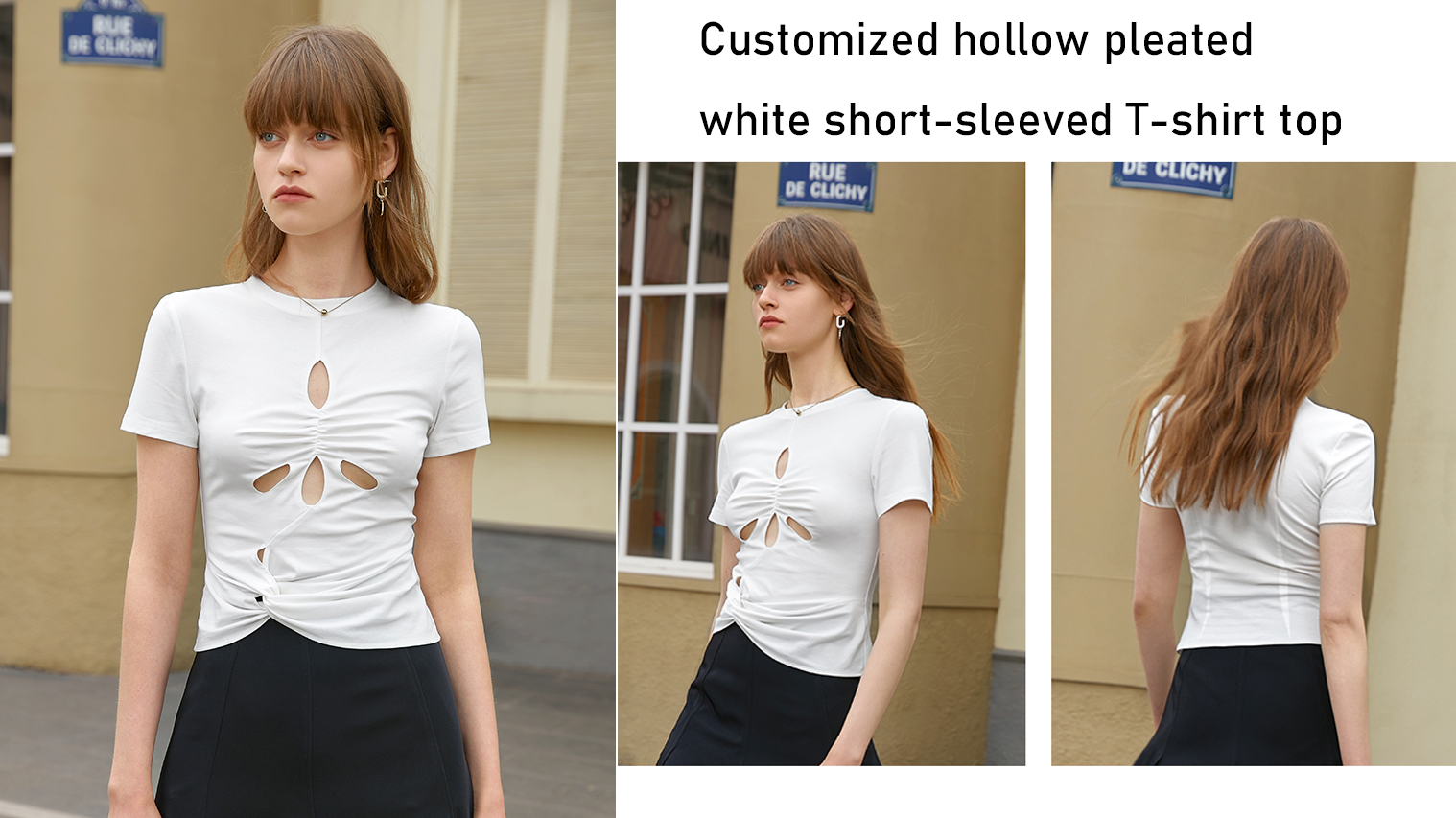 Camiseta branca de manga curta com pregas vazadas personalizada