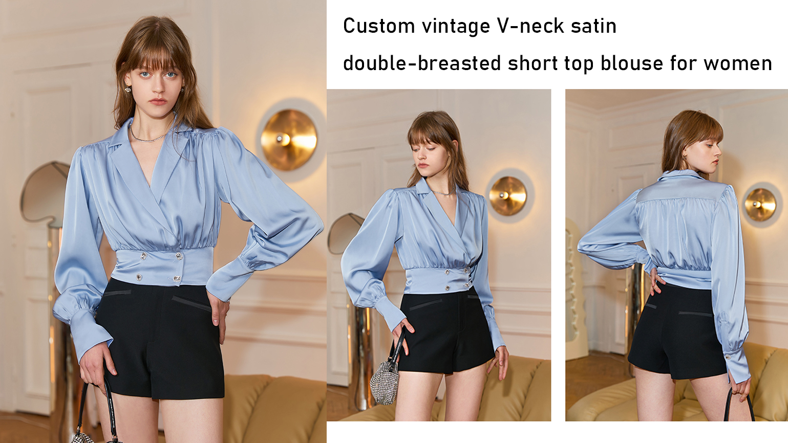 Prilagođena vintage satenska kratka bluza sa V-izrezom