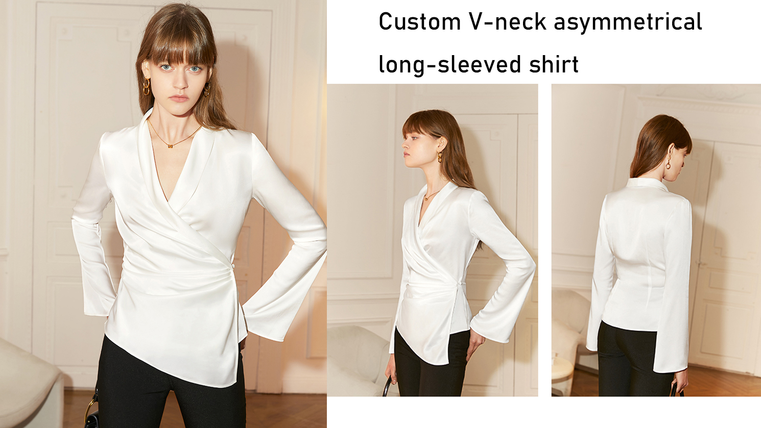 Персонализирана асиметрична риза с V-образно деколте и дълги ръкави