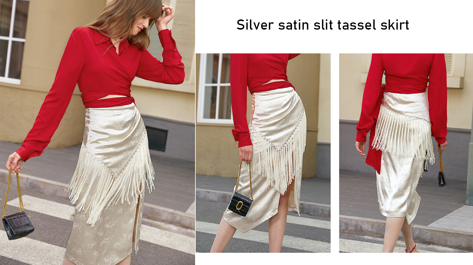 Лучшая серебряная атласная юбка с кисточками и разрезами компании – Auschalink