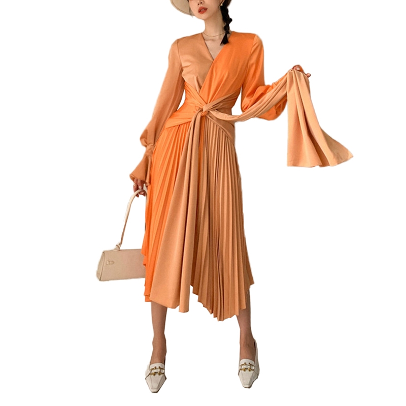 I-Colorblock Flare Sleeve Sashes Midi Pleated Dress