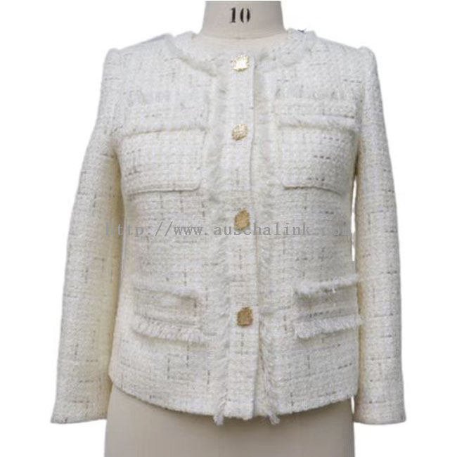 Designový bílý kabát do kapsy s kulatým límcem se střapcem