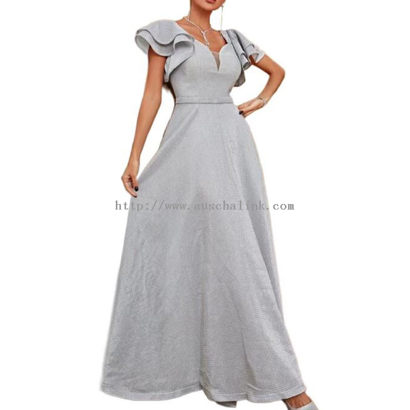 Grey Plaid Bubble Sleeve Maxi Pleated Dress