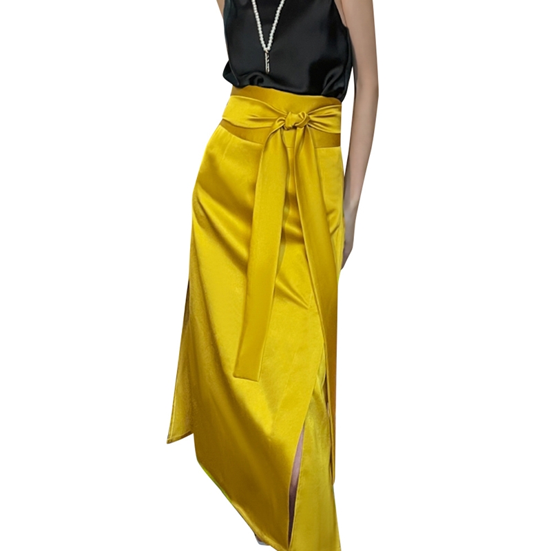 Yellow Satin Lace Up Slit Elegant Skirt