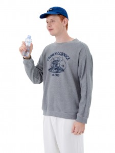Graues Rundhals-Pullover mit lockerem, lässigem Print-Sweatshirt
