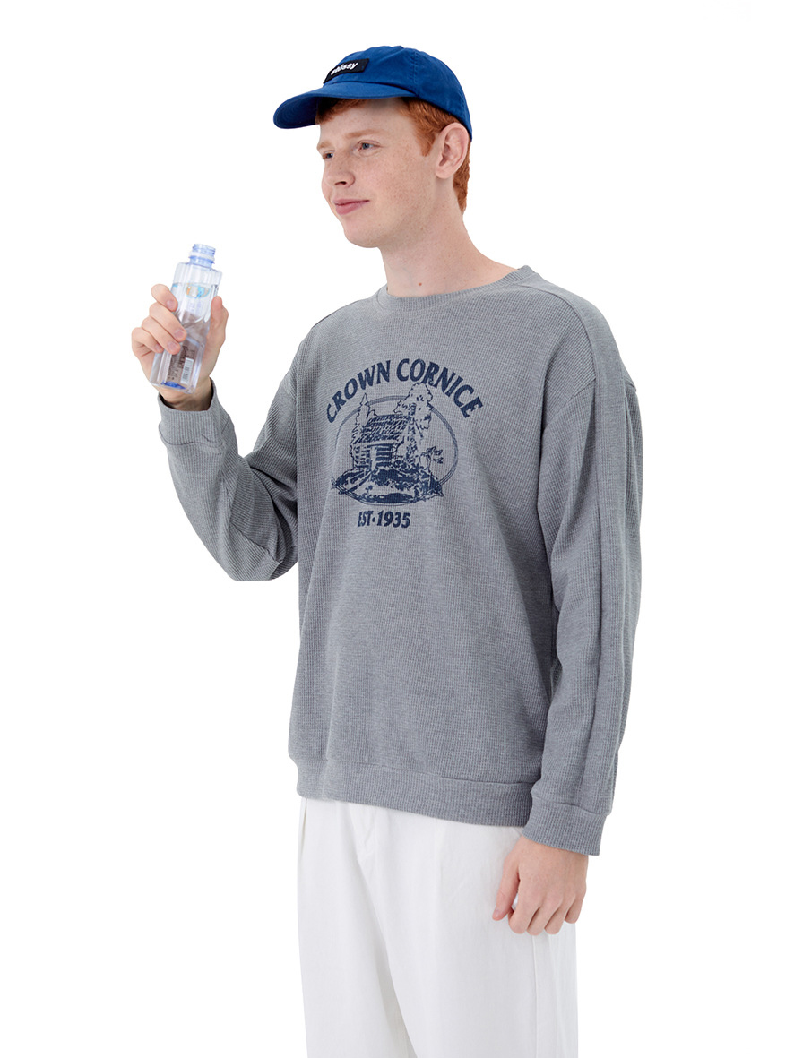 Sivi pulover s okruglim izrezom, široka, ležerna majica s printom