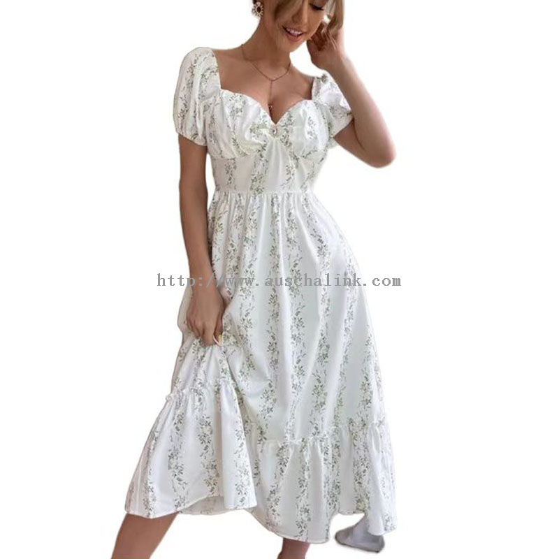 White Floral Bubble Sleeve Beach Casual Dress