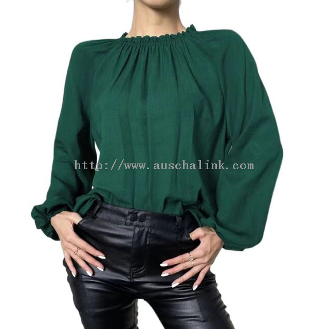 Ny design vår och höst ståkrage långärmad volang dekorativ lanternärm casual skjorta för kvinnor