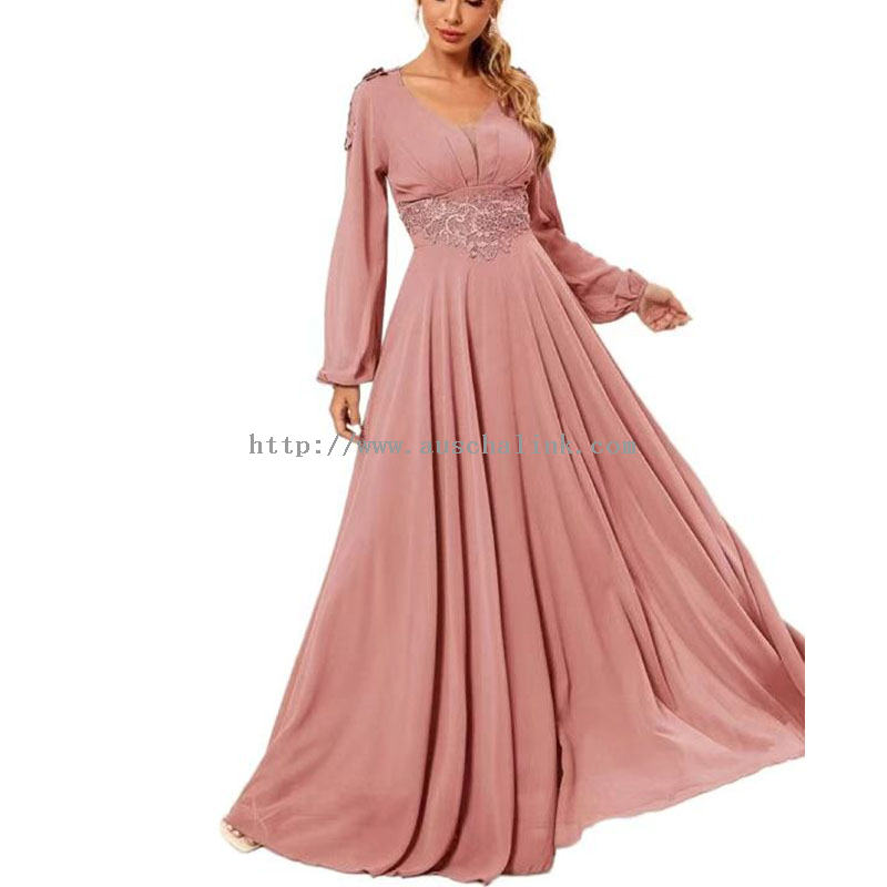 فستان طويل أنيق من الشيفون الوردي مطرز بأكمام طويلة