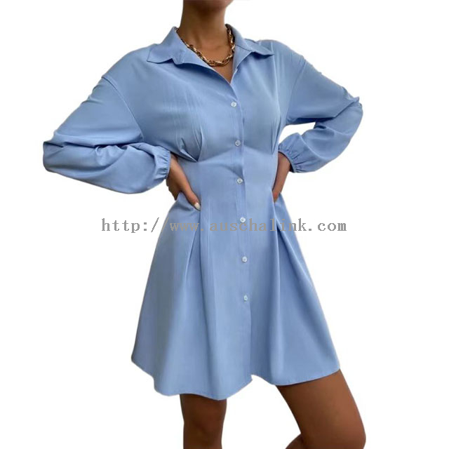 Blue Pinched Waist Chiffon Satin Shirt Dress