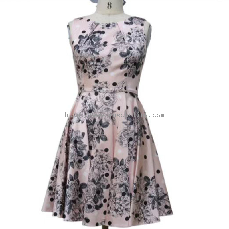 Blek rosa trykt plissert elegant midi-kjole