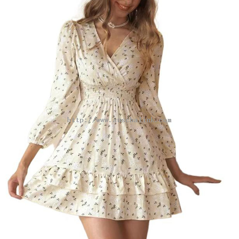 V-Neck Pleated Floral Bubble Sleeve Casual Dress Basali