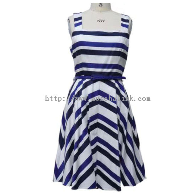 Blue Striped Cotton Elegant Women Casual Dress
