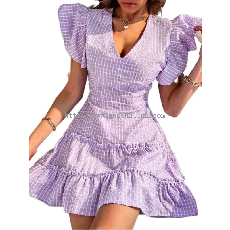 Ungu Plaid Kapas Laleur Sleeve V-beuheung Pleated Mini Dress