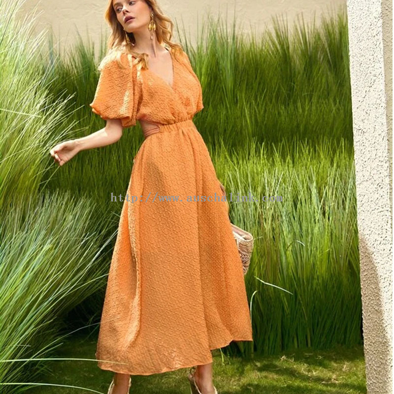 Orange Hollow Out V-Neck Midi Dress