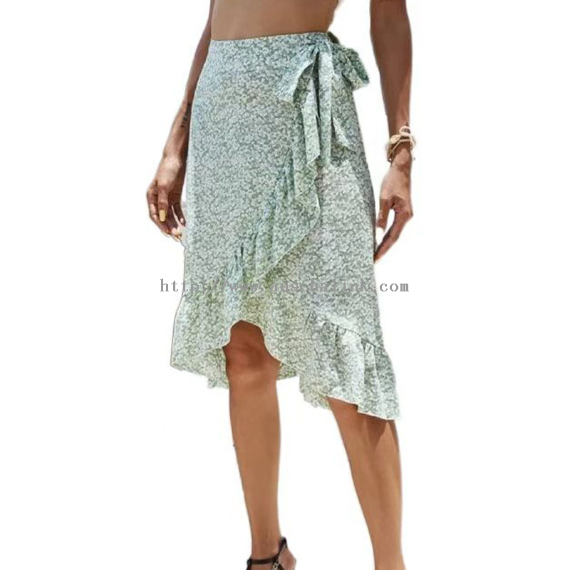 Lime Green Floral Ruffle Slit Midi Half Skirt