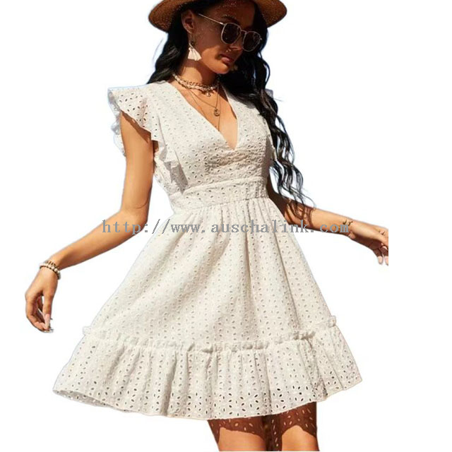 Neues, individuelles, weißes, lässiges Baumwollkleid mit V-Ausschnitt und Mesh-Stickerei und Rüschen für Damen