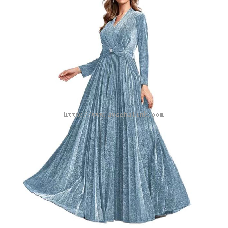 Sky Blue Sequin Pleated Maxi Elegant Dress