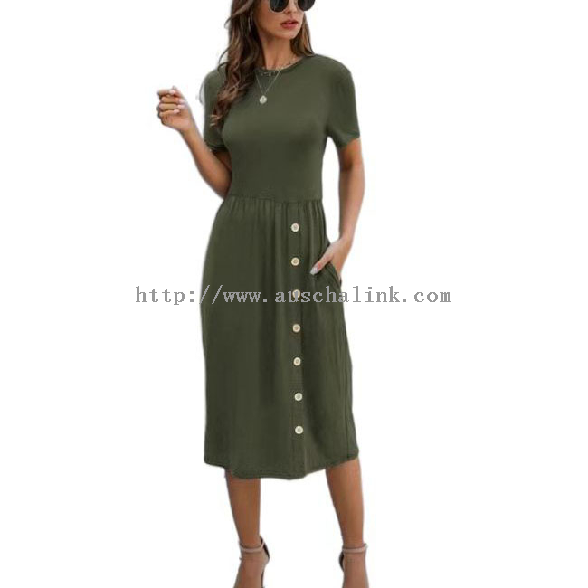Military Green Pocket Button Casual Short Sleeve Midi Dress