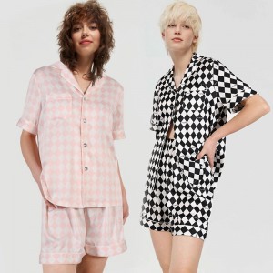 Diamond Checkered Loungewear Set Ice Silk Satin Pyjama