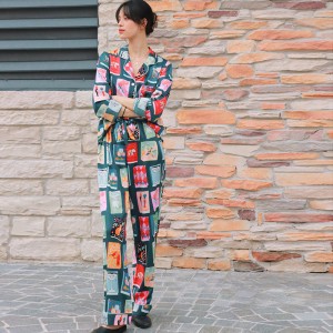 Egyedi nyomott szatén öltöny galléros pizsama nappaliruha