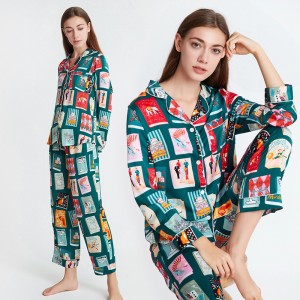 Individuell bedruckter Satin-Anzugskragen-Pyjama-Loungewear