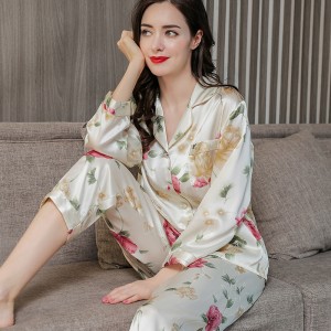 Titẹ sita Pajamas Silk Plus Iwon 2 Ṣeto Aṣọ Ile Sleeve Gigun